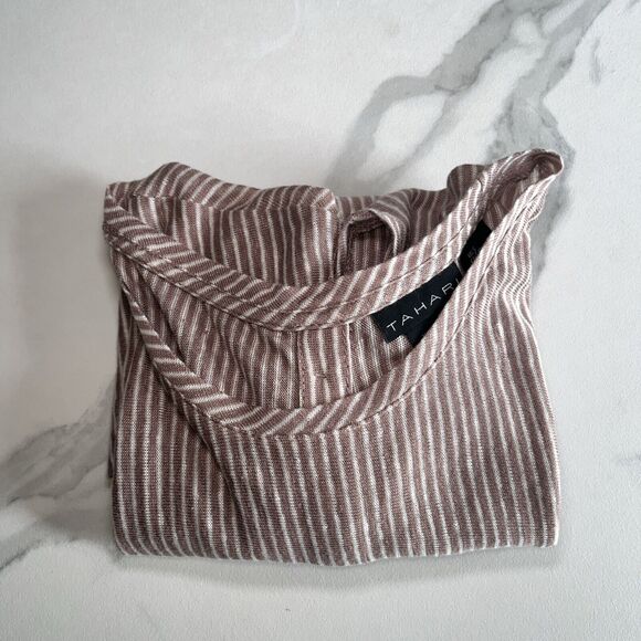 TAHARI Tan White Sleeveless Striped 100% Linen Back Button Top Tunic Size Small - Picture 12 of 12